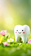 Cartoon tooth character with a smiling face stands among colorful flowers on a green grassy field, bright sunlight creating a cheerful atmosphere, copy space