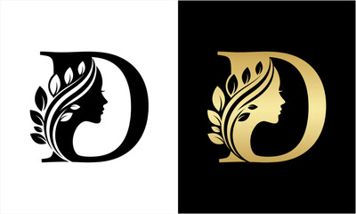 Elegant Letter D Logo with Womans Face and Leaves.