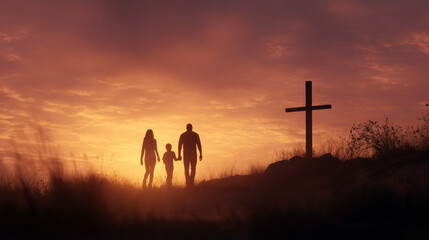 Silhouette of Family Walking to Christian Cross at Sunset © fotoyou