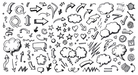 Obraz premium Collection of Hand Drawn Doodle Arrows Speech Bubbles Stars and Checkmarks.