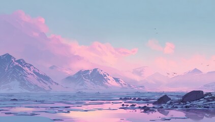 Pastel-toned arctic landscape.  Sunrise over snowy peaks