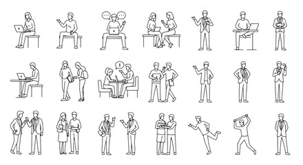 Fototapeta premium Collection of modern business and workplace icons featuring professionals engaging in meetings, presentations, and remote work activities