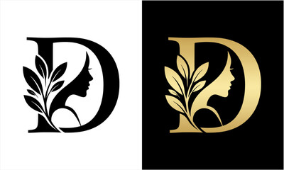 Elegant Letter D Logo with Womans Profile and Leaf Design.