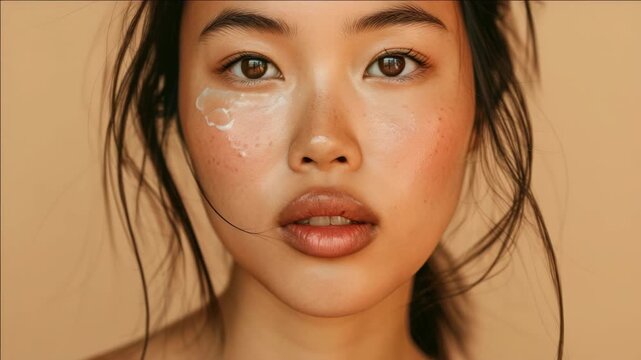 High-resolution of an Asian woman showcasing her waterline makeup. Her eyes are accentuated with shimmering eyeliner and soft blush on her cheeks. She has long dark hair that frames her face.