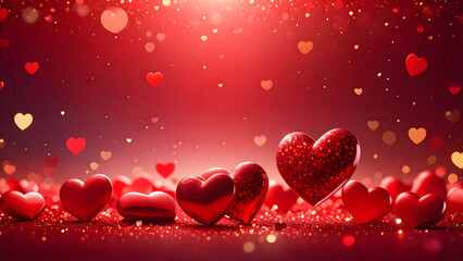 Obraz premium Romantic red background with 3D glossy hearts and golden glitter. Festive bokeh lights for Valentine's Day. Perfect for love-themed greeting cards, wedding invites, and digital marketing.