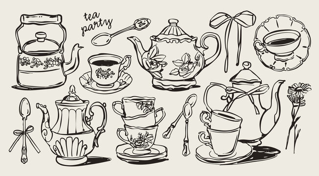 Different elegant ceramic porcelain teapots, cups of tea, plates, spoons, flower. Line art. Various ornaments. Decorative outline style. Hand drawn trendy Vector Illustration. Isolated design elements