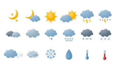Fototapeta premium Flat cartoon weather icons collection isolated on transparent background.Moon, stars, sun, clouds, rain, snow, wind, fog, lightning, temperature.Elements for weather forecas.Vector illustration.