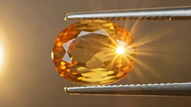 Radiant rotation of faceted citrine gemstone in golden light