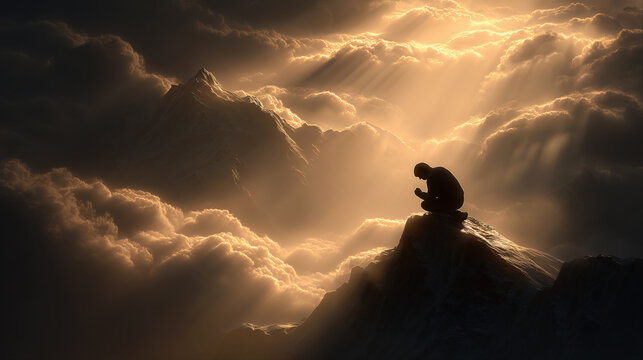 Silhouette of Man Kneeling and Praying on the Top of Mountain at Sunset Landscape 