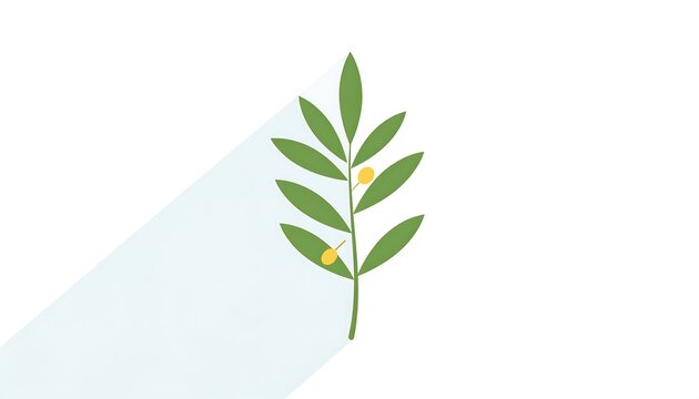 Simplified botanical illustration. A long, green sprig with alternating oval leaves, two tiny yellow fruit, and a long, greyish shadow