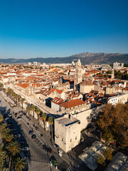 Fototapeta premium Split Croatia Diocletian palace historic city skyline panorama with ancient bell tower aerial drone view. 