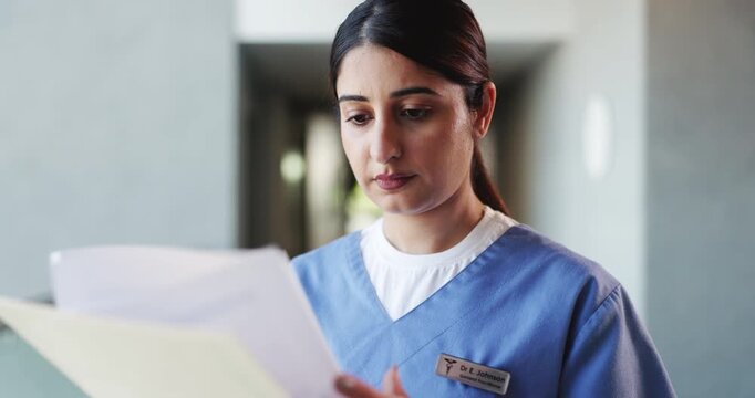 Nurse, documents and results with woman in hospital for treatment plan, patient history or medical report. Healthcare research, insurance paperwork or checkup records with person for doctor referral
