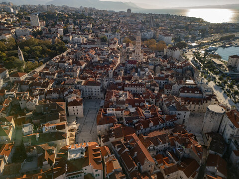 Split Croatia old town cityscape aerial drone panorama with Saint Domnius cathedral view.
