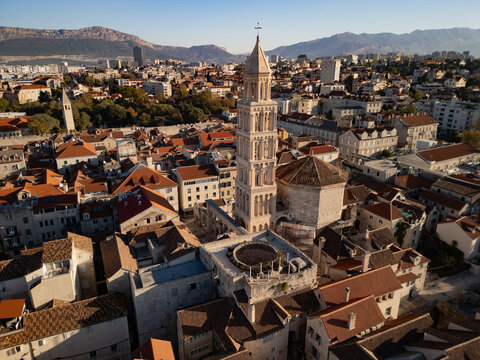 split town, croatia, bell tower of st. domnius - drone view,