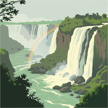 Majestic Waterfall with Rainbow Mist - Ultra Realistic Vector Art
