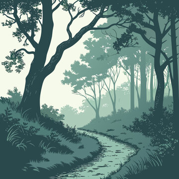 Dreamy Forest Path Landscape with Morning Fog and Soft Light