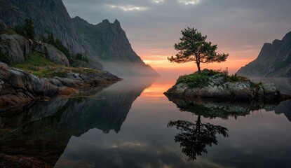 Rocky fjord at sunset.  Peaceful, tranquil island with lone tree