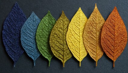 Colorful leaves in a spectrum of autumnal hues, arranged in a horizontal row against a dark background