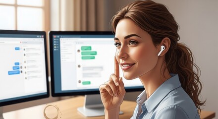 Beautiful young woman working with dual monitors in modern office setting using wireless earbuds and smiling while looking away from screens in bright daytime light