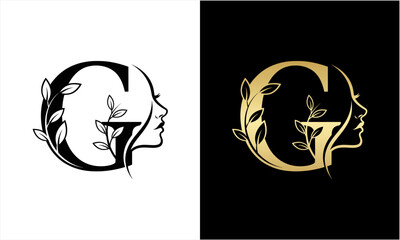 Elegant Letter G Logo with Womans Profile and Botanical Elements.