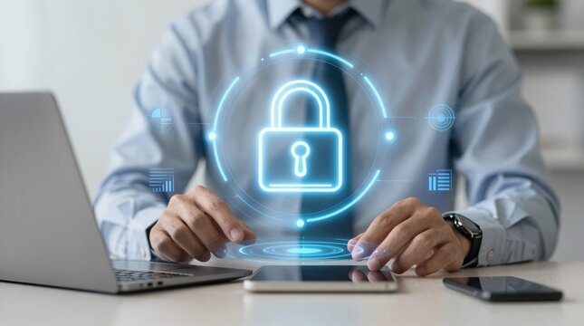 A man in a blue shirt works on his laptop with a digital padlock icon hovering above the keyboard, symbolizing online security and protection.