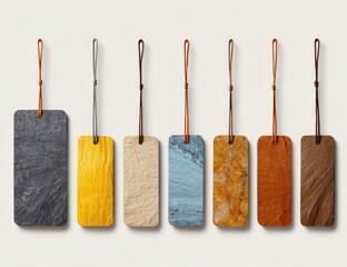 Eight rectangular tags, various natural materials, tied with leather cords