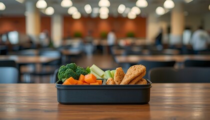 Beautifully arranged lunch box The background is a blurred university cafeteria. Gives a feeling of care and attention to detail. It can be used to promote catering services or recommend food menus. S