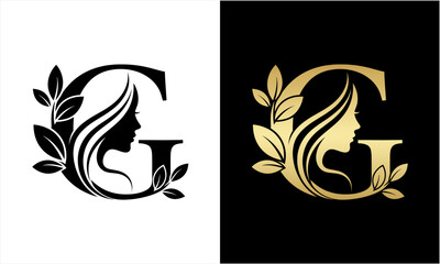 Elegant Letter G Logo with Womans Profile and Botanical Elements.