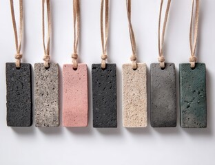 Rectangular stone pendants on beige cords