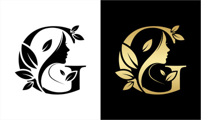 Elegant Letter G Logo with Womans Profile and Botanical Elements.