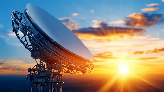 Large satellite dish antenna moving against a beautiful sunset