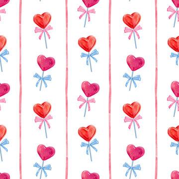 Seamless pattern for Valentines day, heart shaped candy, lollypop in a shape of a heart, a cute hand drawn watercolor illustration for Valentine's Day on white background.
