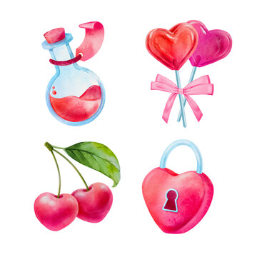 Set of hand drawn elements for Valentines day, cherry, love potion bottle, heart shaped candy, heart shaped lock, a cute hand drawn watercolor illustration for Valentine's Day.