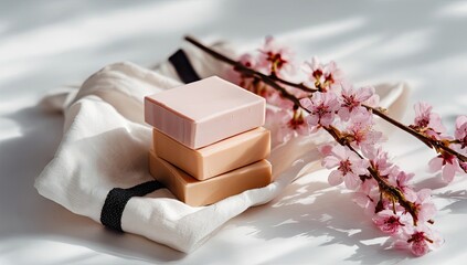 Stacked pastel soap bars on a cloth with spring blossoms