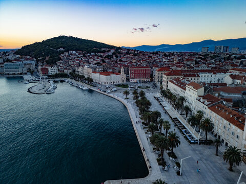 Split city panorama and bell tower - 4K aerial drone view, Croatia