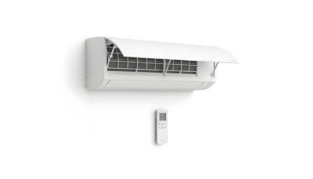 Modern white wall-mounted air conditioner indoor unit with remote control, sleek design, cooling appliance