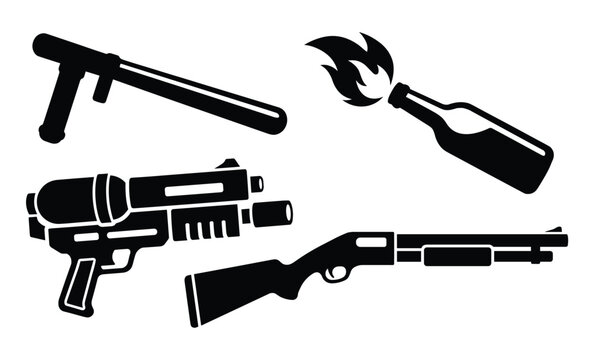 Set of various weapons including riot baton, molotov cocktail, and firearms