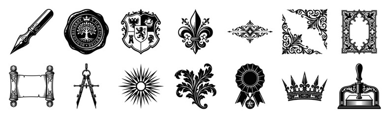 Vintage Heraldry Woodcut Engravings Graphic Set for Luxury Stationery and Antique Branding