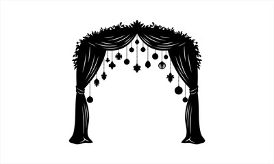 Elegant Wedding Arch Silhouette with Draped Curtains and Hanging Ornaments.