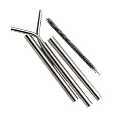 A set of stainless steel drinking straws and cleaning brushes on a black background