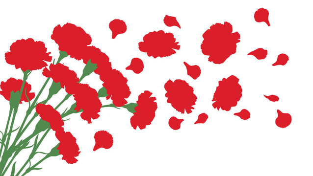 Red carnation flowers bouquet with floating petals falling in breeze vector illustration