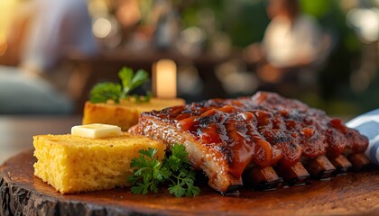 A mouthwatering still life of barbeque ribs with cornbread, set against a warm and rustic wooden table, with a blurred backdrop of a sunny outdoor gathering, the ribs are tender and glazed with a swee