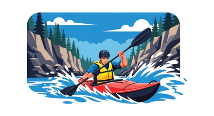 Young man kayaking through wild river rapids, modern vector illustration highlighting extreme water adventure, adrenaline, focus, and outdoor exploration spirit © meeblues