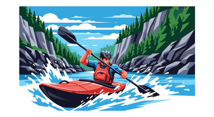 Young man kayaking through wild river rapids, modern vector illustration highlighting extreme water adventure, adrenaline, focus, and outdoor exploration spirit © meeblues