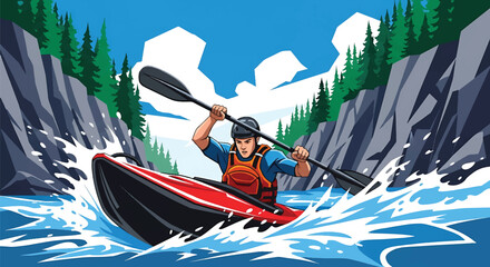 Young man kayaking through wild river rapids, modern vector illustration highlighting extreme water adventure, adrenaline, focus, and outdoor exploration spirit © meeblues