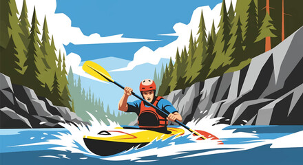 Young man kayaking through wild river rapids, modern vector illustration highlighting extreme water adventure, adrenaline, focus, and outdoor exploration spirit © meeblues