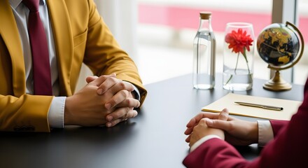 Obraz premium A waiter serves wine while a man holds a glass of champagne at a business table where people write documents with pens and computers