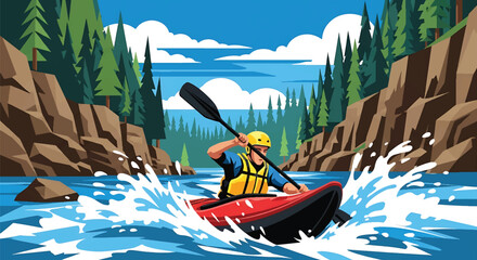 Young man kayaking through wild river rapids, modern vector illustration highlighting extreme water adventure, adrenaline, focus, and outdoor exploration spirit © meeblues