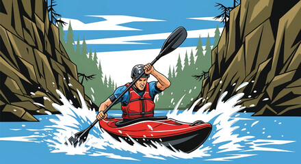 Young man kayaking through wild river rapids, modern vector illustration highlighting extreme water adventure, adrenaline, focus, and outdoor exploration spirit © meeblues