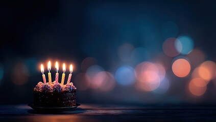 Birthday cake with lit candles in dark setting